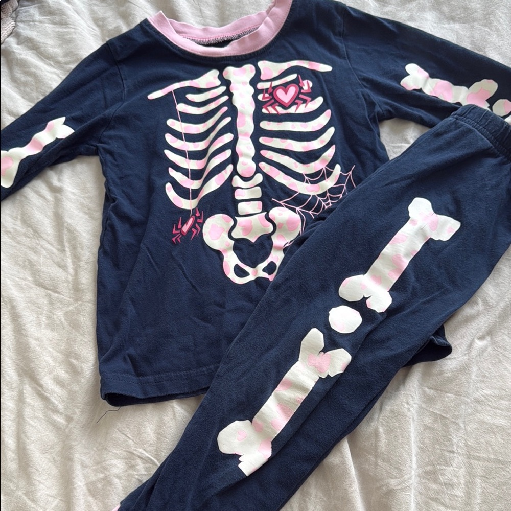 Skeleton Print Kids Pajamas - Navy and Pink